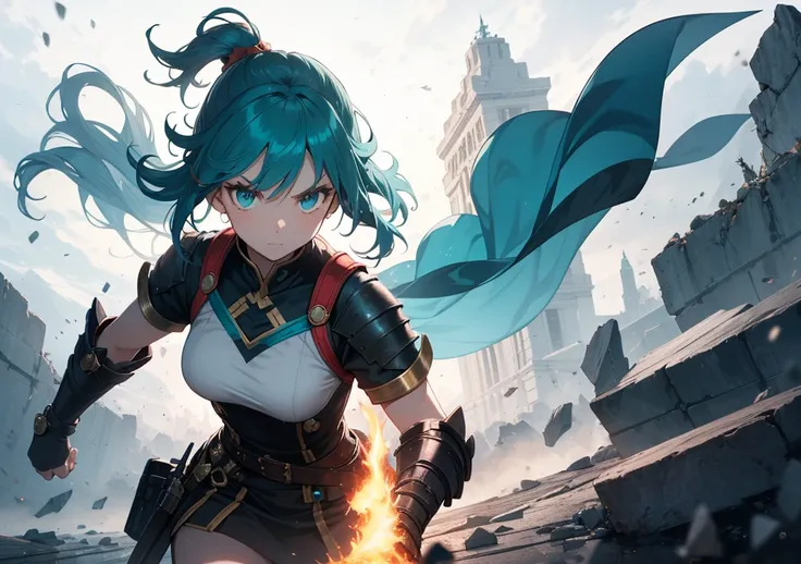 A young warrior with teal hair, her face fierce with determination, as she charges forward with her blazing sword. The ground cracks beneath her feet, and her magic aura erupts in a whirlwind, scattering enemies around her