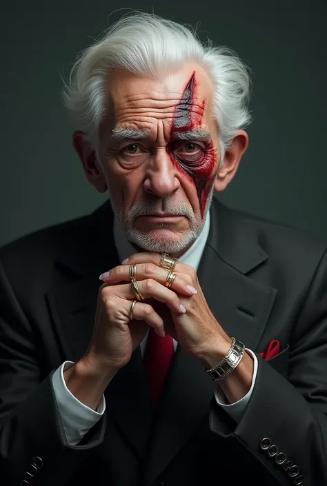 Old 100 year old man, white haired, big scar across the face, wearing a business suit, with different golden rings on each fingers,  hyper realistic, very detailed ,8k, cinematic lighting, highest quality