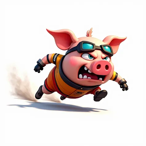 Furious racer pig with racer costume cartoon running swiftly with white background side view 