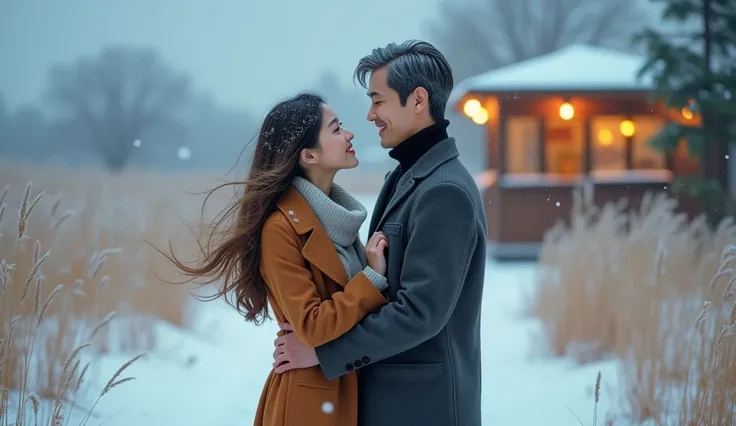 scene 3:  A scene where a man and woman meet by chance while walking down the street  (카페가 background으로 보임)

background:
 on a snowy field , At the end of a narrow dirt road, the man and the Women face each other. A small cafe is visible in the background ...