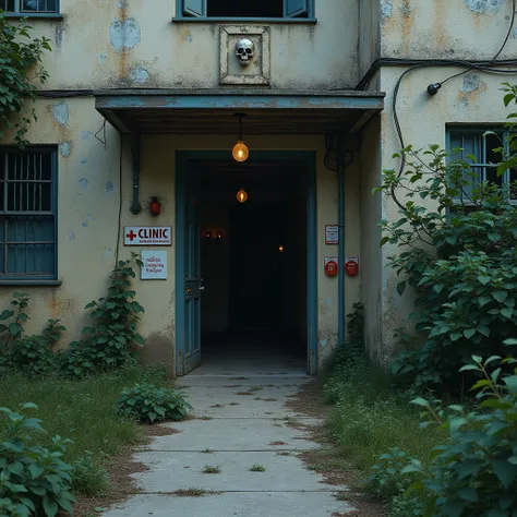 The entrance of the abandoned health clinic in daylight, completely different from the previous night. The place seems empty, with no sign of the skull or candles