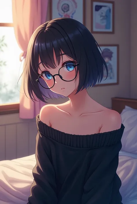 anime image: a girl around 17-18 years old, bob hair, bright blue eyes, round glasses, wearing a black off the shoulder sweater, behind her is her bedroom