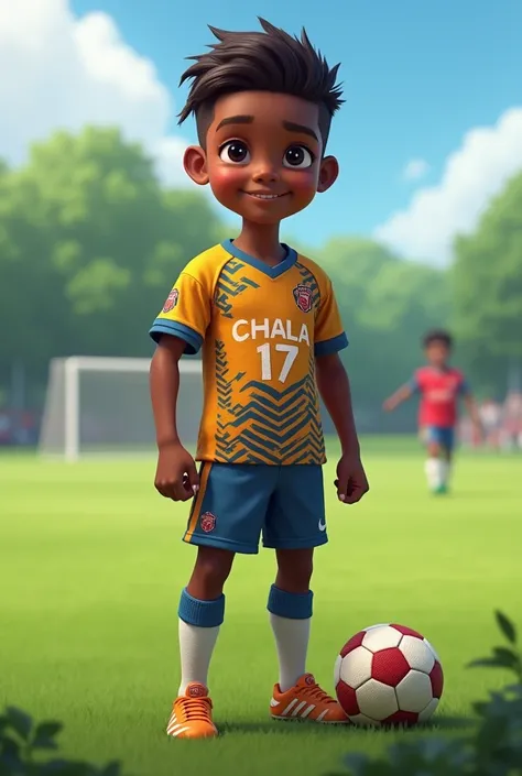 A black American boy wearing united jersey shirt with the name (Chala)and number 17 