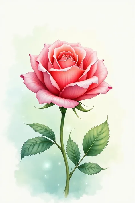 A single delicate rose in vibrant shades of pink and red, painted in a traditional watercolor style. The petals are soft and layered with intricate details, blending smoothly with subtle gradients. The background is a light wash of pastel greens and blues,...