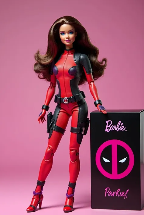 A Barbie wearing a costume inspired by the deadpool,  full body in red with purple and with a black and fuchsia box that says barbiexmarvel and has a heroic pose