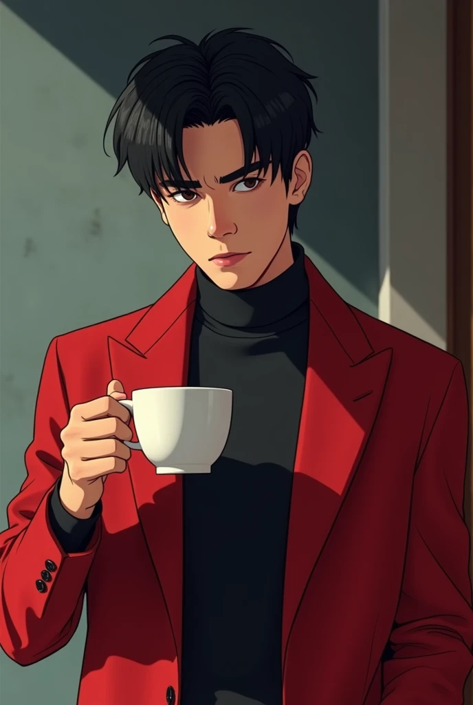 Animate a man wearing a blazer holding an americano coffee ,  with a Korean face wearing a red blazer and ashen hair,  with a young 22-year-old face and a cold stare 