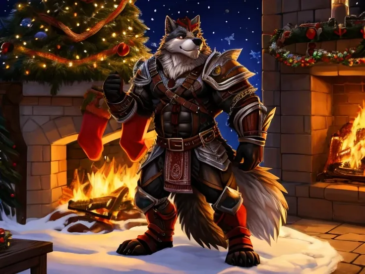 Solo, wolf-Folk, muscular, leather, yule, full body, Hearth, yule decorations, Fantasy armor, Tree