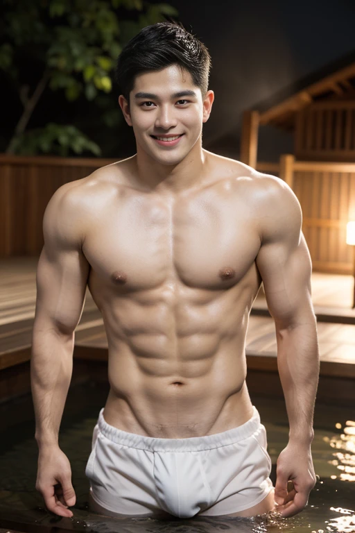 A 20-year-old young man , (ทรงผมแบบ Crew Cut: 1.3 ), Black hair,  short hair detail , burly  handsome man , clothes , convex white swimming trunks ,  Strong,  handsome, outdoor, Steam bath ., Hot springs, Onsen , sweat,  View Audience .,  Image Depth , Bok...