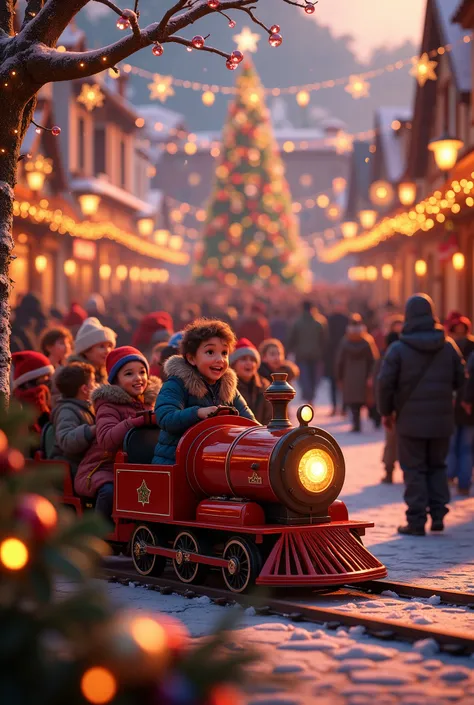 8K resolution, masterpiece, Highest quality, Award-winning works, movie scene, Town park decorated for Christmas, many ren happily riding a miniature train, People line up and wait their turn to ride, many peples, very crowded, , luxuriously decorated Chri...