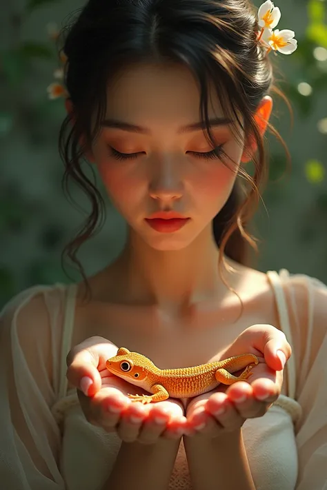 Create an image of a lady with a gecko in her hand 