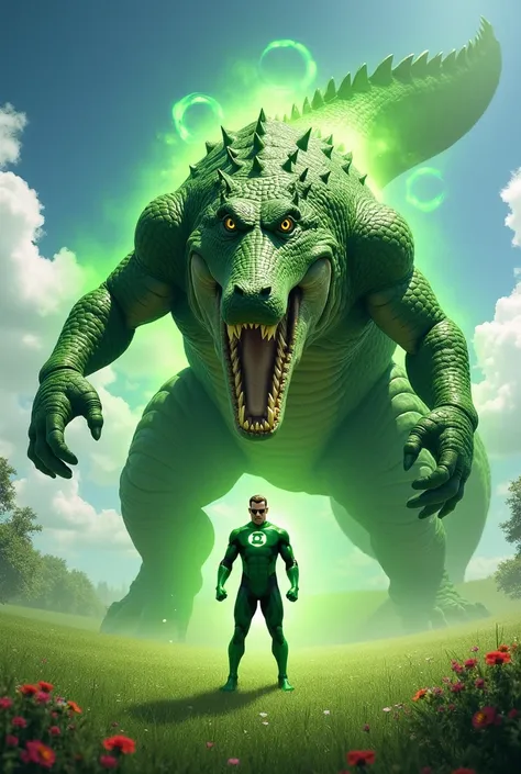 "Green Lantern, wearing his iconic green suit with a glowing lantern emblem on his chest, stands on a grassy field under a bright blue sky. Beside him is a towering, menacing crocodile with thick, scaly green skin, glowing yellow eyes, and massive, razor-s...