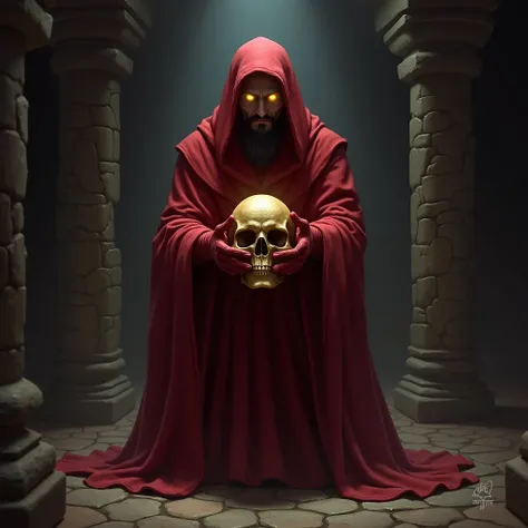 Mysterious being in a scarlet robe. Holding a golden skull in their hands. Scarlet gloves. Face obscured by shadows. Glowing yellow eyes. Dark fantasy art. Fantasy art. Digital art. In a dark dungeon.