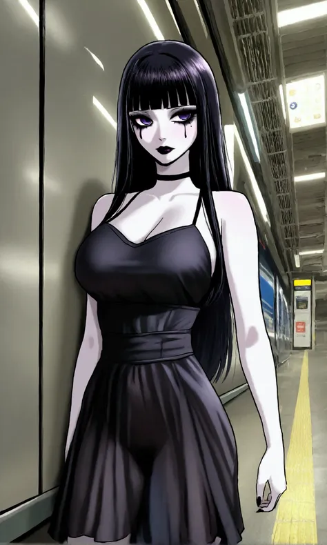 A mean goth girl (cute, age 20, black makeup, black sheer dress no underwear, black long hair, powder white skin, busty), leans against a wall looking disinterested in a busy train station
