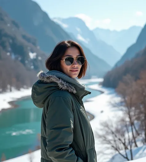 Brutal, woman 40 years, bob medium cut slightly wavy hair, charming face most details hd, thin smile, strong and perfect muscular, dark tan skin, wearing sunglasses shirt  winter clothes, standing on the Jade dragon snow mountains China, looking at viewer,...