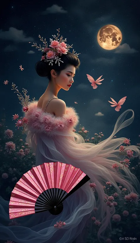 fan、、 A gorgeous folding fan、 Shocking pink pattern with black base、race、Fluffy、 Jewelry decoration、Made by AIS-RCN, 8K Photo, "words,      Beautiful fairy    ,   From the Beautiful Night Sky       ,      dynamic depiction      、      、 Beautiful Hades   、...