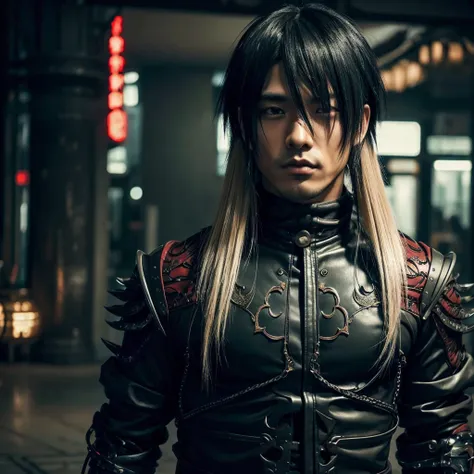 1 man, Japanese man, 30 years old, hairstyle Visual Kei, hair color blonde, muscular, broad shoulders, ultra detailed face and eyes, Asian eyes, pretty face, realistic representation, outfit gothic-cyberpunk, black mens shirt and black pants, long hair, ha...