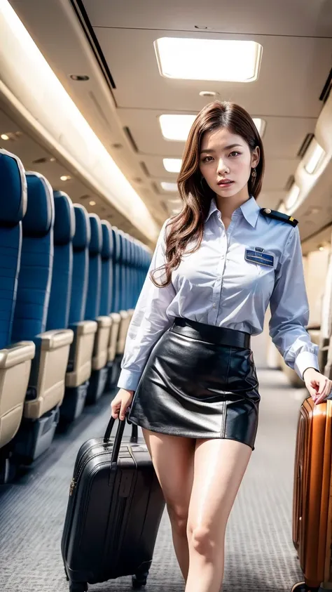 A beautiful, 24-year-old Japanese woman with perfect anatomy, healthy thighs, beautiful legs, beautiful skin, random hair color and style, large breasts, (wearing a flight attendant uniform with a mini-skirt:1.3), full body shot, pumps, carrying a suitcase...