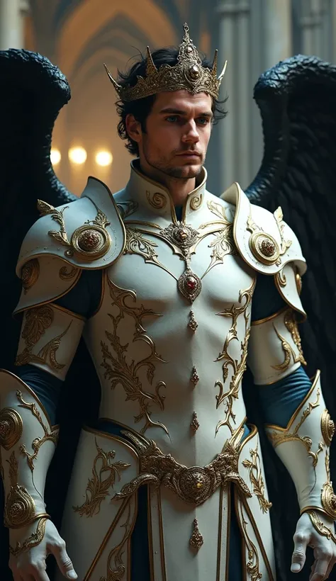 
A hyper-realistic, three-quarter body portrait of an ethereal, dark, and regal male character, inspired by Henry Cavill, with a powerful, supernatural presence. His large, muscular physique, resembling Henry’s broad, strong frame, merges seamlessly with w...