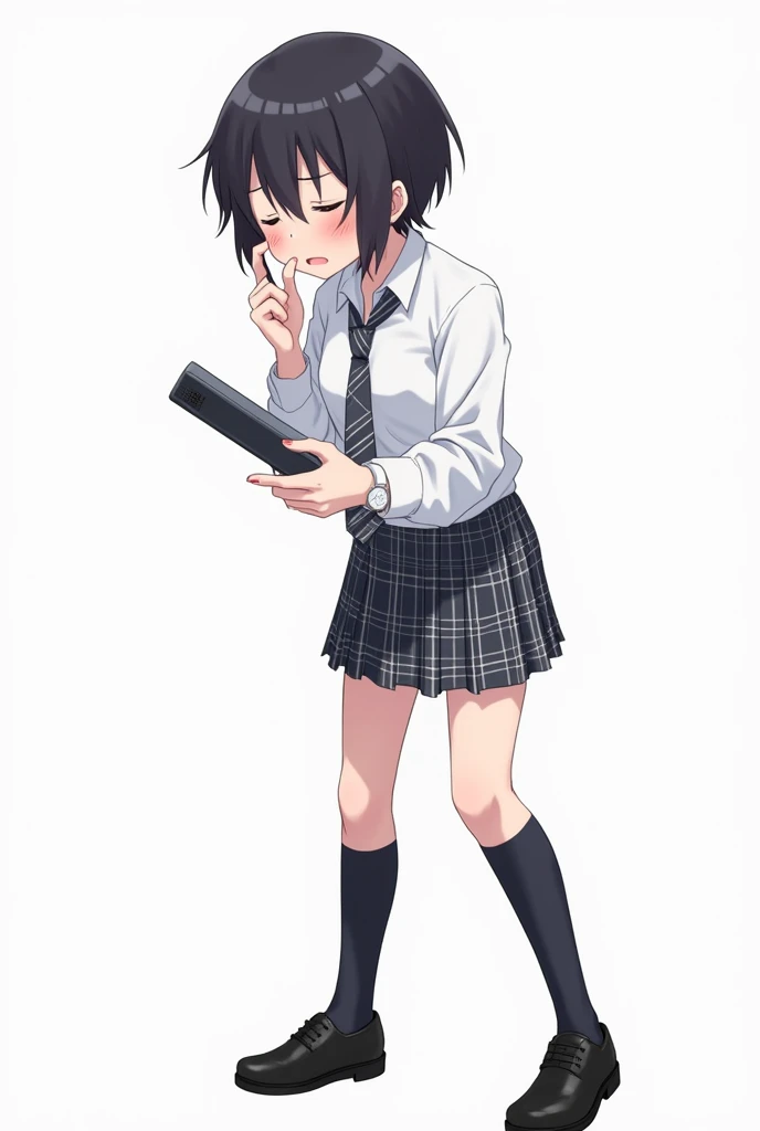 Teenage woman with black and short hair and with white anime watch and pink nails with schoolboy long-sleeved white shirt and plaid tie in dark gray and white and plaid pleated skirt in combination of dark gray and white colors, following a uniform pattern...