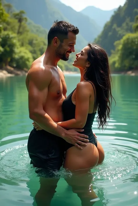 White couple: The man is mature, Age 36, solid built, crew cut dark hair, very tall, rugged handsome looks, wearing sports shorts, and hes frolicking with the girl in this lake like pool of Kaintiba mountains, Papua New Guinea. The is very young and beauti...