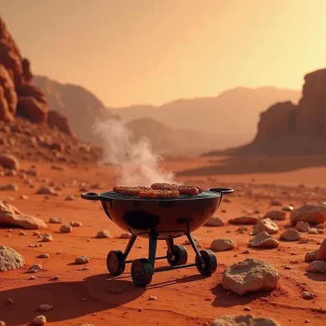 Barbecue sur Mars

Un barbecue placé sur le sol rouge de la planète Mars, avec des montagnes et des roches rouges en toile de fond. L’atmosphère martienne, étrange et désolée, donne un cadre unique pour des grillades interplanétaires.