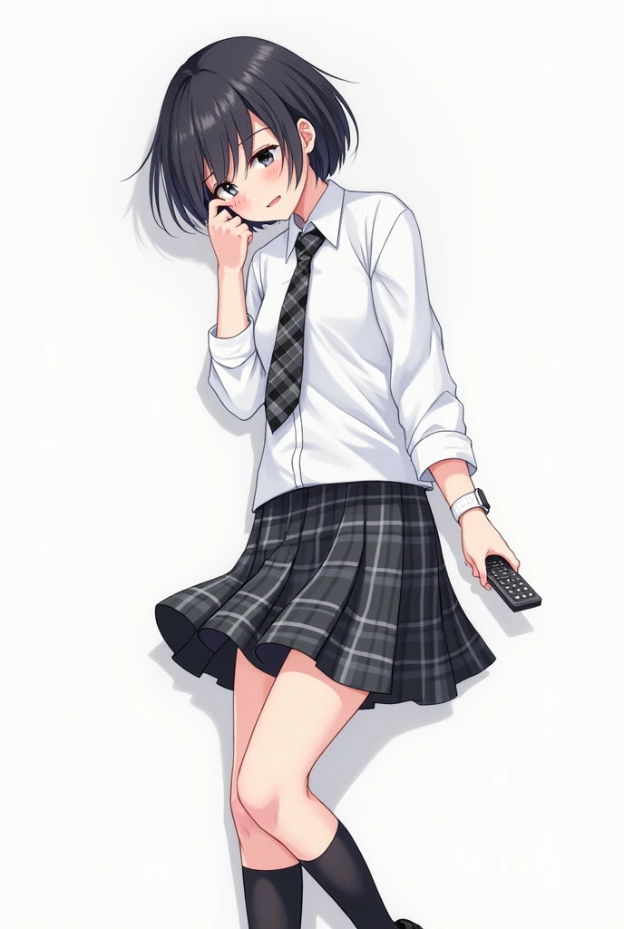 Teenage woman with black and short hair and with white anime watch and pink nails with schoolboy long-sleeved white shirt and plaid tie in dark gray and white and plaid pleated skirt in combination of dark gray and white colors, following a uniform pattern...