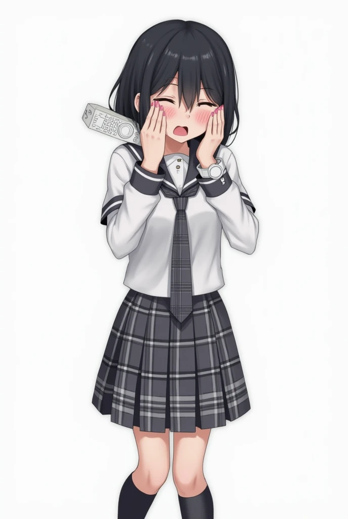 Teenage woman with black and short hair and with white anime watch and pink nails with schoolboy long-sleeved white shirt and plaid tie in dark gray and white and plaid pleated skirt in combination of dark gray and white colors, following a uniform pattern...