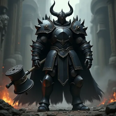 1man, muscular, muscular_build, strong_build, wide_shoulders, big_muscles,big_pecs, knight_armor, knight_helmet, ox_helmet, black_armor, huge, holding_huge_hammer