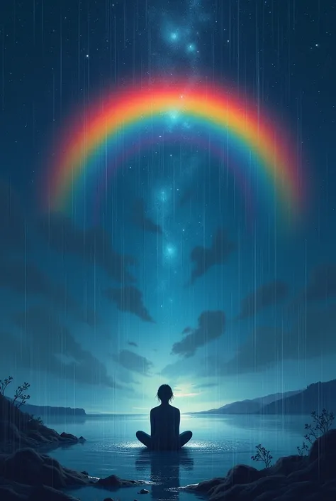 In silence ,  I learned to hear my heart .  Although the world is not always bright ,  there is a light that never goes out in me ."
langit malam, bintang, rainbow,  or an illustration of someone sitting in the rain