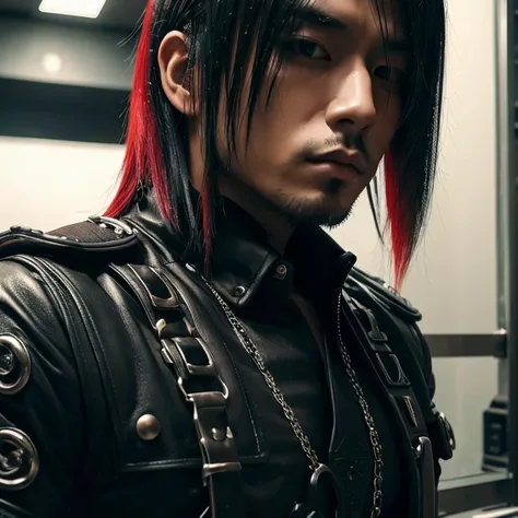 1 man, Japanese man, 30 years old, hairstyle Visual Kei, hair color blonde, muscular, broad shoulders, ultra detailed face and eyes, Asian eyes, pretty face, realistic representation, outfit gothic-cyberpunk, black mens shirt and black pants, long hair, ha...