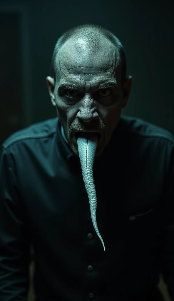 "A dark and mysterious scene featuring a human whose lower face is transforming into a snake. The person’s tongue is long, sharp, and white, resembling that of a serpent, hanging prominently in the lower part of the frame. The background is shadowy and omi...