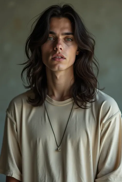 Man with long hair middle parted wearing gull sleeve tshirt