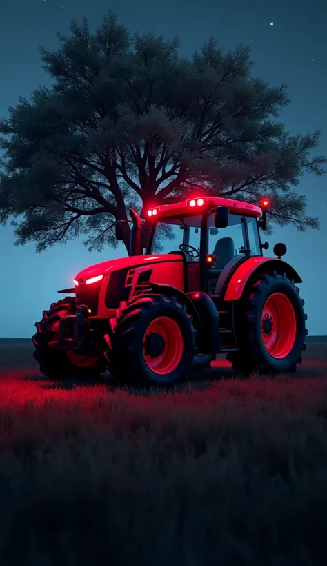 A extremely masterpiece 8k 3d animation image of a extremely black colour lamborghini tractor stand in a field or under a bid tree and his Headlight is scattered with neon red colour light in the very dark Cool night 