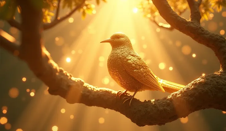 In 3D animation style:"A shimmering golden bird perched on a magical tree, with beams of light radiating around it."