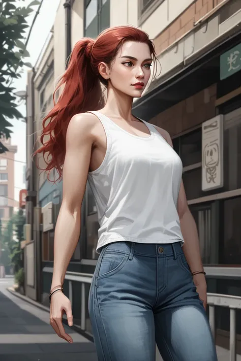 In a semi-realistic anime art style, a Caucasian woman with long straight red hair tied back in a ponytail is standing on a daytime street wearing jeans and a white tank top.