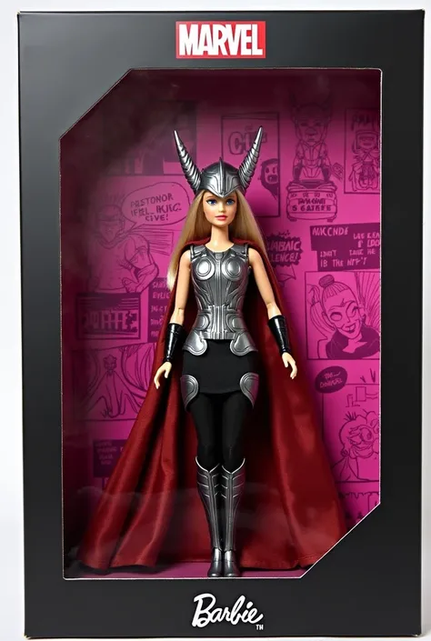 A Barbie wearing a costume inspired by the Thor , ,  inside a black box with fuchsia that says barbiexmarvel and comics in the background , That the box has a transparent window to see the doll