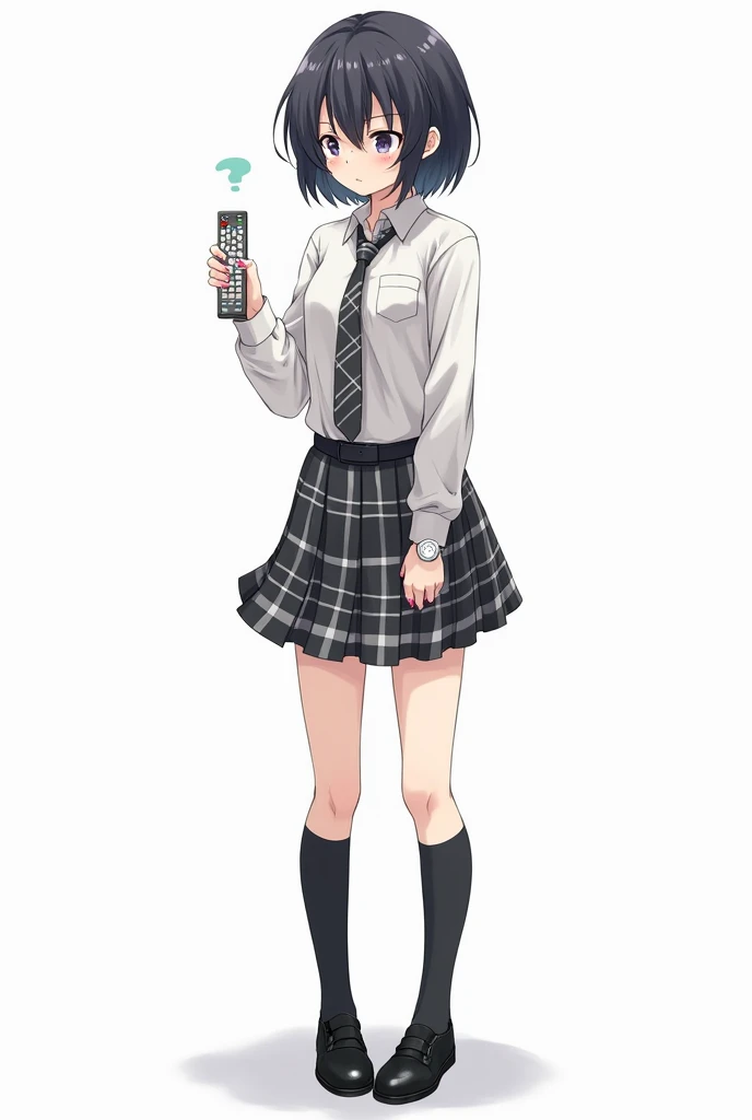 Teenage woman with black and short hair and with white anime watch and pink nails with schoolboy long-sleeved white shirt and plaid tie in dark gray and white and plaid pleated skirt in combination of dark gray and white colors, following a uniform pattern...