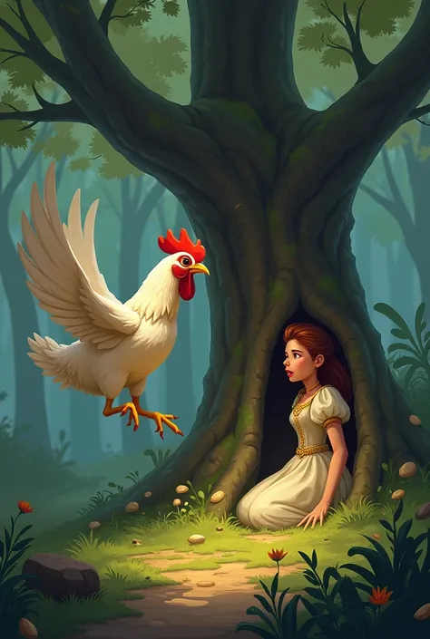 The hen went to the princess and, flapping her wings, made a loud noise to signal the prince that someone was hiding behind the tree. The princess was startled, fearing the prince would find her, but it was too late!