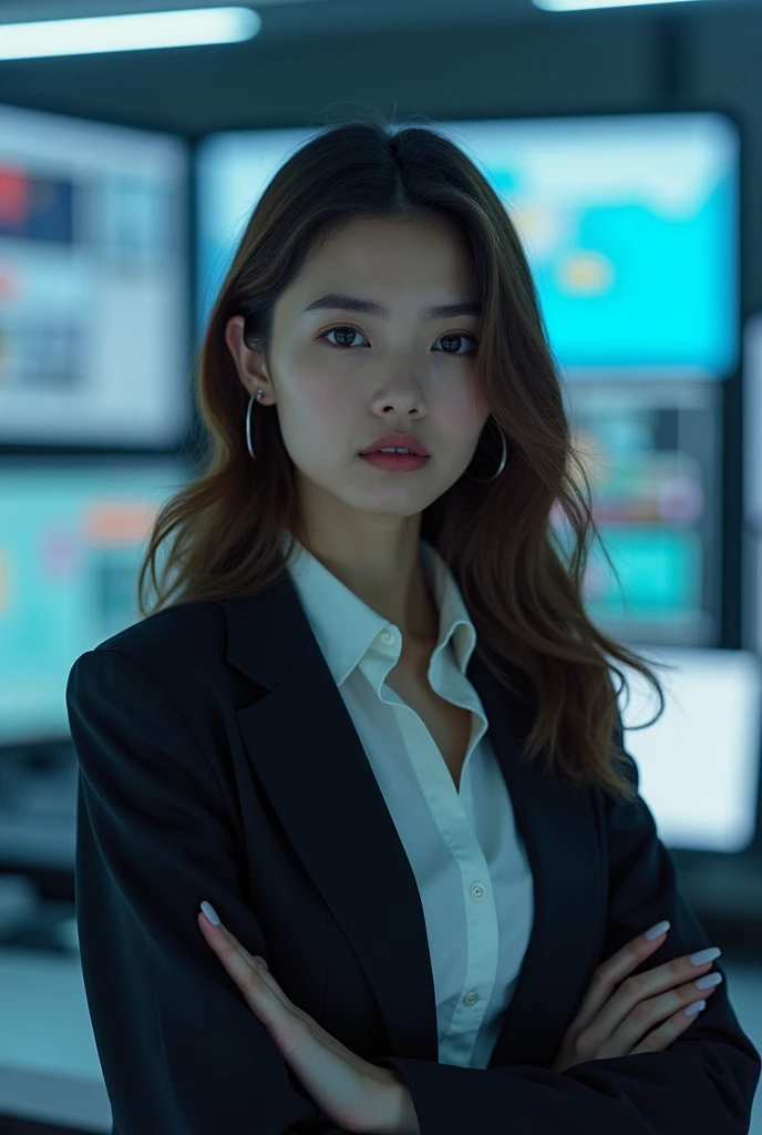 Technician dressed as brunette young woman， serious expression , In the background is a large computer science observatory，There are a lot of big screens and staff，Use AI to manage information，Very outstanding beauty
