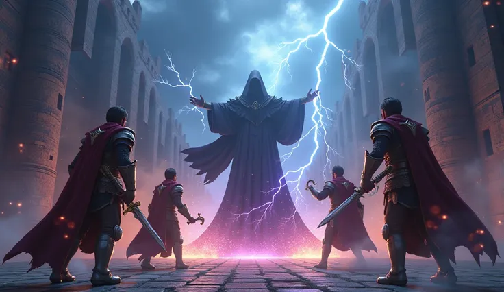 In 3D animation style:The final battle between the three princes and the dark wizard, with lightning flashing and magic swirling in the air."