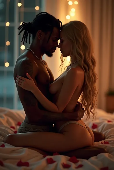  Loving couple kissing ,  a little dark room  , The dark-skinned  ,  black hair with dreadlocks and half-naked tattoos hugging tightly a white-skinned woman with long blonde hair , big breasts and hips , half-naked lying on a bed with red petals and a seri...