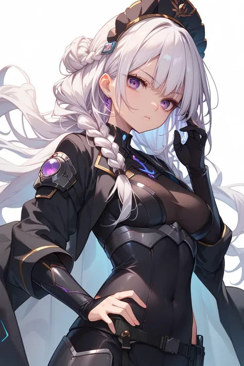 A serious anime girl with long, 
braided white hair and intense violet eyes, 
dressed in a dark silver and black suit with sharp, 
angular armor plating. She’s standing with one hand on her hip,
her other hand resting on a futuristic weapon holstered at he...