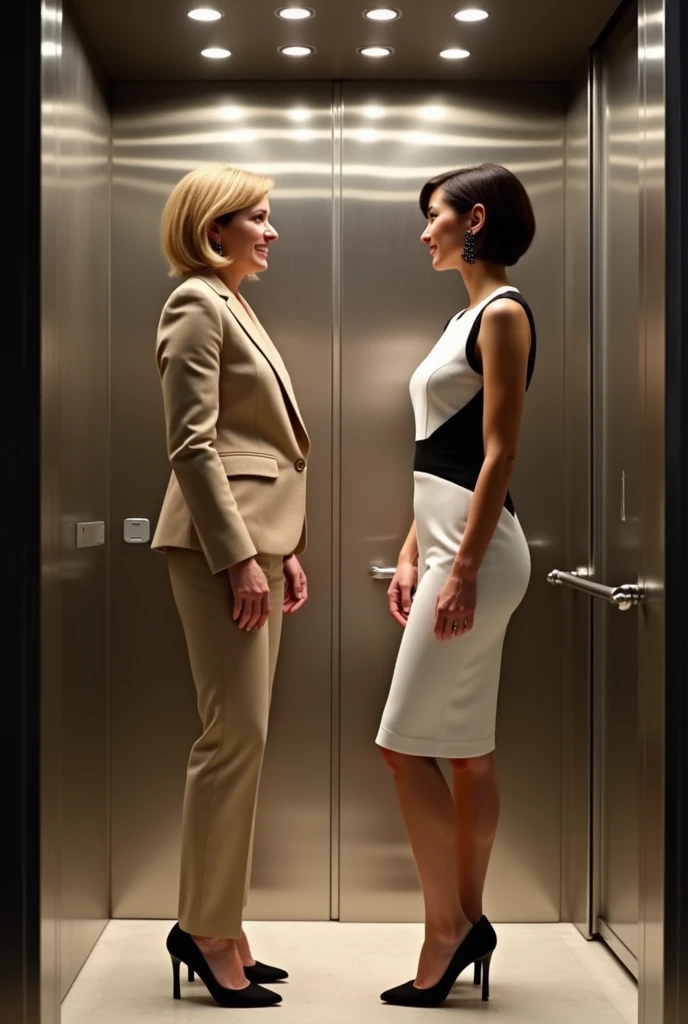 2 business women. One is wearing a businesswoman beige suit. Pant. Black heels. 40 years. Blond short hair. Black earrings. The other is wearing a white and black career dress with black peep toe d’orsay heels. Short brune hair. In a lift, smiling to each ...