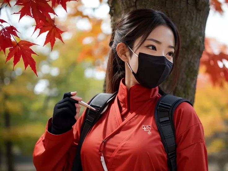  Kunoichi,  facemask,  upper body, Ninja clothing,  a tree with red leaves 々, nsfw