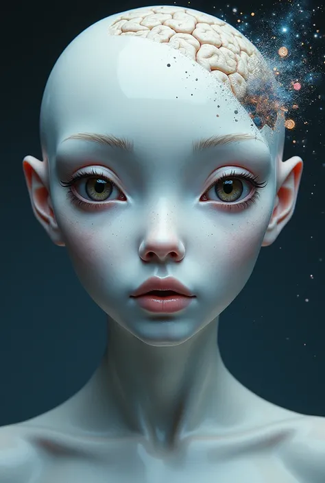  Contemporary cover full of a science fiction novel entitled OUTSIDE and subtitle A Sci-fi Novel , Outore G . IN. INhite,  a large front face of smooth white stone of a hybrid girl with an alien appearance and with organic hybrid veins,  big head ,  chin u...