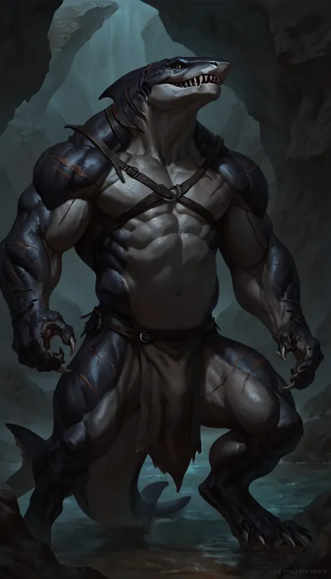 sharkfolk, anthro shark, solo, portrait, scaly, detailed skin, experienced predator, monstrous, shark snout, sharp fins, dark detailed body, matte body, toned, muscular anthro, big muscles, masculine, trapezoid body type, scars on body, 1male solo, anthro,...