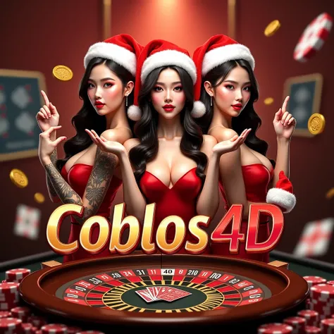 Create Casino flyer that says "COBLOS4D SLOT GACOR No1", The text should be centered and big, asian babes, group girls, wear santa hat, dress, casino background, tattoo, Ultra High Quality Image, 4K, 8K , 3D Rendering, casino table, flying coin, flying car...