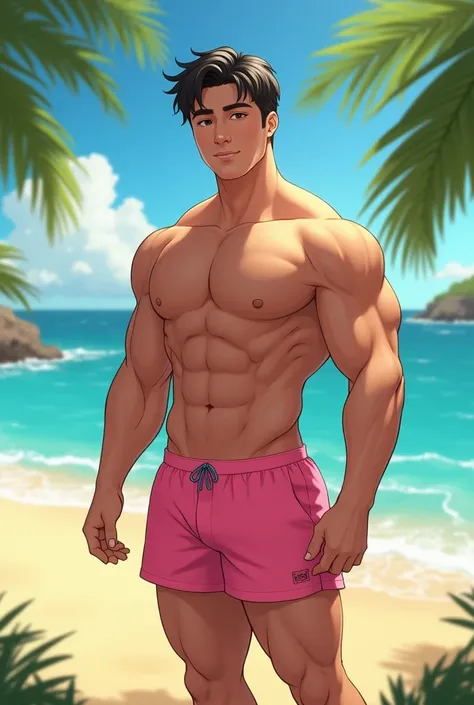 Kim Mingyu with muscles, dark hair and hazel brown eyes, wearing pink trunks, in the beach