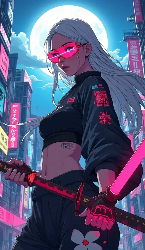 a woman with long hair and wearing digital glasses and black croped top kimono with sakura patern and she is in fight motion action pose, in front of a neon city background with full moon, She is holding a red cyber katana in her hand, the camera angle is ...