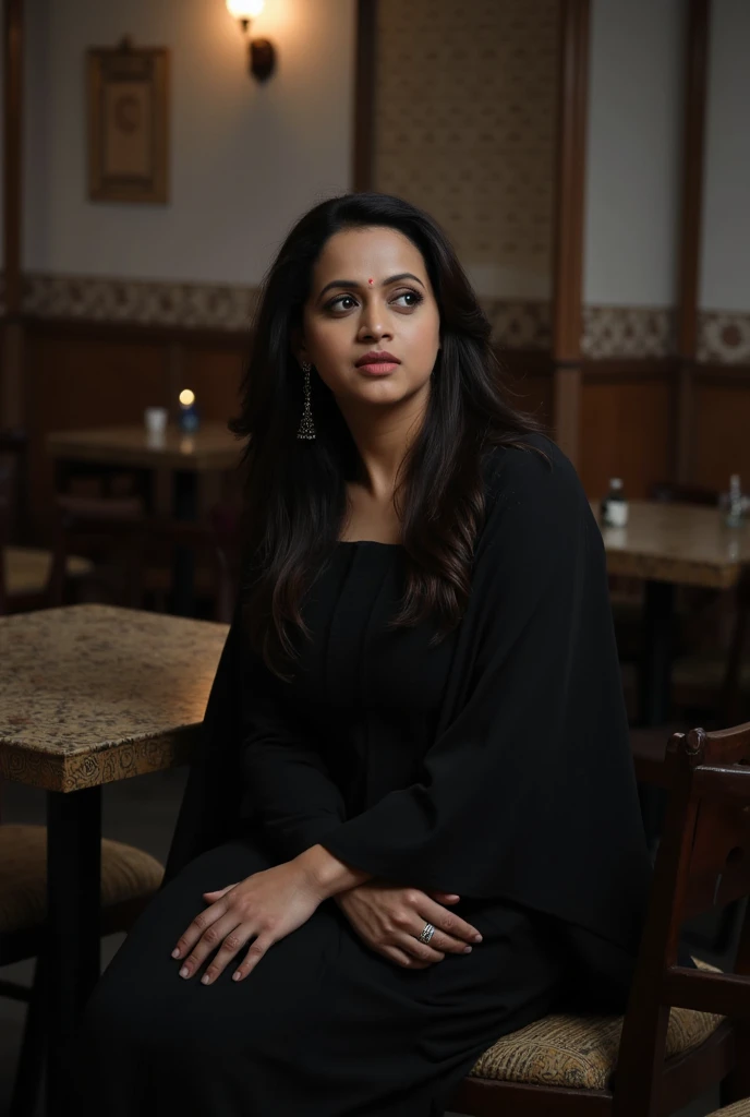 A 40-year-old woman wearing a Kerala black nun dress is sitting in a bar with 4 men on 4 chairs at a table and having a drink. one of whom rubs her thigh with his right hand under her dress.